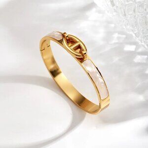 Elegant Gold Tone Inlay Bracelet | Pearl White Detail , Pig Nose